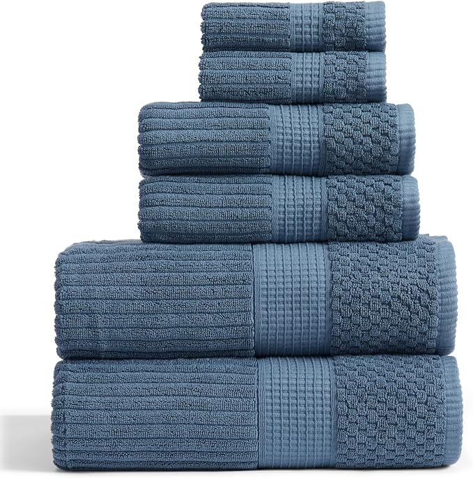 Springtree Home 100% Cotton Bath Towel Set | 6-Piece Set | Textured | Ocean | Absorbent & Quick-Dry Bathroom Towels | Textured and Durable Cotton Towels for Bathroom | OEKO-TEX | Krista Collection