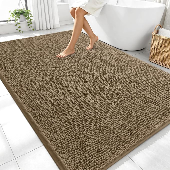 OLANLY Large Bathroom Rugs 70x46, Extra Soft Absorbent Chenille Bath Rugs, Rubber Backing Quick Dry, Machine Washable Bath Mats for Bathroom Floor, Tub and Shower, Home Decor Accessories, Tan