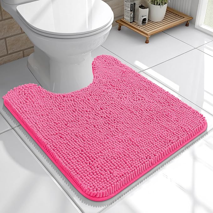OLANLY Toilet Rugs U-Shaped 20x20, Extra Soft Absorbent Chenille Contour Bathroom Rugs for Toilet, Dry Quickly, Machine Washable, Non-Slip Bath Mat, Hot Pink