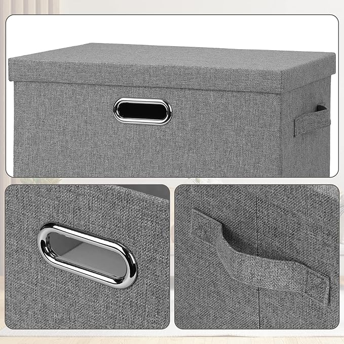 Graciadeco Large 17" 36 Quart Collapsible Stackable Storage Bins with Lids, 3 Packs Grey Linen Fabric Closet Boxes with Lids, Storage Cube Baskets Container Organizers for Bedroom Office(17 x12 x11)