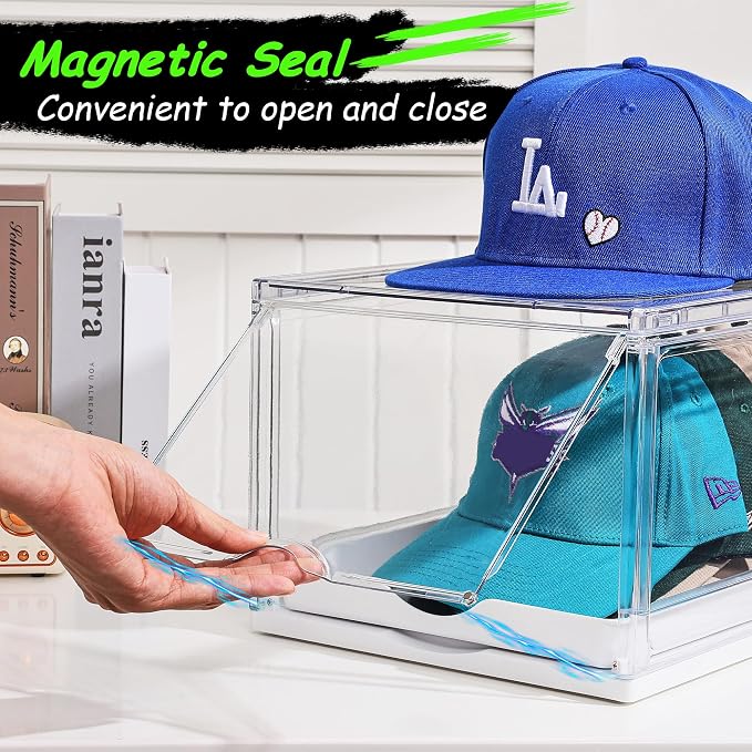 Vtopmart 4 Pack Hat Organizer for Baseball Caps, Clear Hats Holder Box with Drawer, Large Cap Storage with Sliding Tray, Stackable Rack Display Case with Magnetic Door, Each Holds 12 Hats
