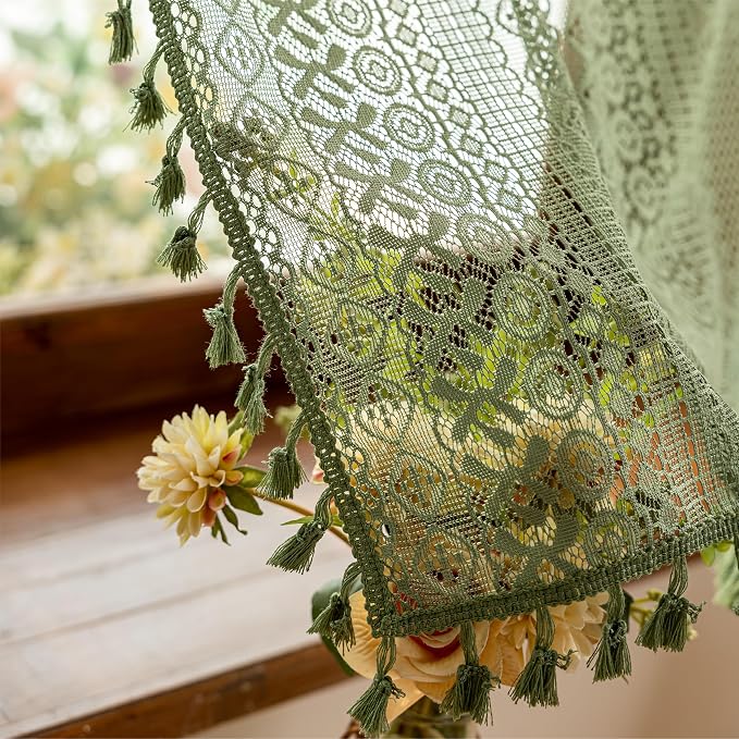 Sutuo Home Olive Green Boho Window Curtains Valance 18 inches Long 2 Panels, Farmhouse Lace Sheer Closet Decor Crochet Privacy Vintage Bohemian Tassels Retro Small Kitchen Curtains Rod Pocket, 50" W