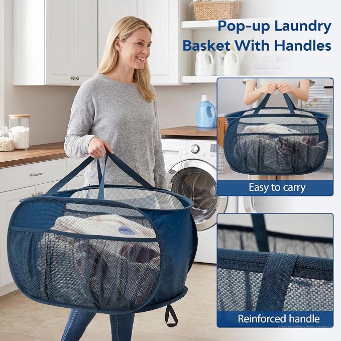 4 Pack Pop Up Laundry Hamper with Convenient Bags, Upgrade Collapsible Laundry Baskets, Foldable Laundry Basket Mesh Light Weight, Easy to Carry Clothes Hampers for Laundry, Dorm, Toys, Travel
