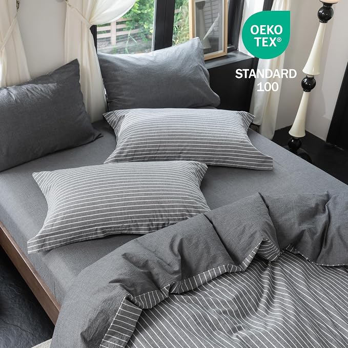 Reversible Duvet Cover Set 100% Washed Cotton Dark Grey Pinstripe Linen Feel Duvet Cover Queen Size with Zipper Closure & 2 Pillow Shams,Dark Grey/White Stripe Reverse Solid Dark Grey