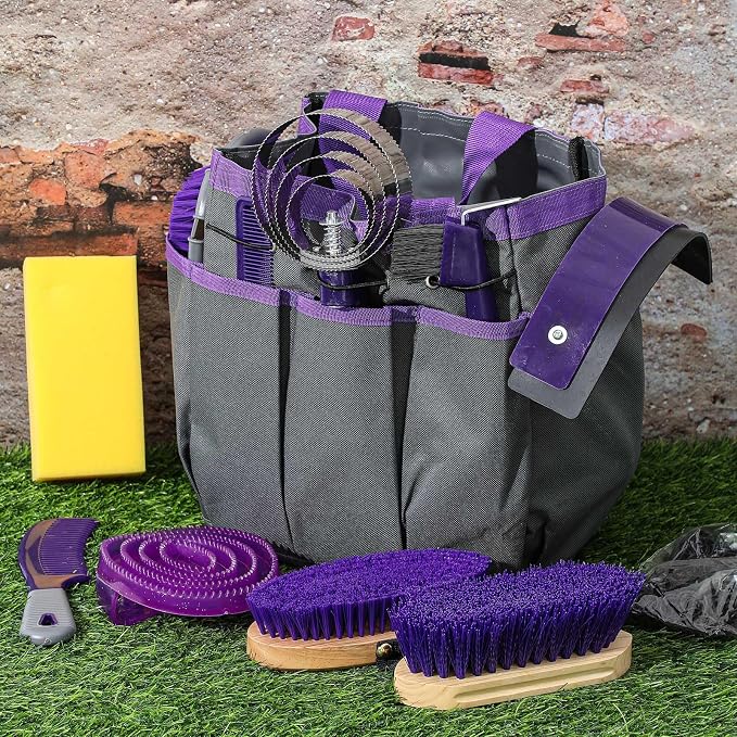 Abbylike 12 Piece Horse Grooming Kit with Organizer Tote Bag Brush Sets for Derby Day Show Horses Professional Tools for Care & Massage(Grey and Purple)