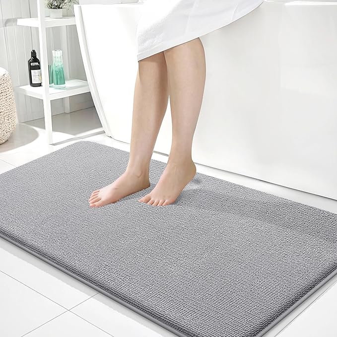 OLANLY Thick Memory Foam Large Bathroom Rug 45x27, Absorbent Bath Mat, Grey | Soft Quick Dry Bath Mat Rugs, Non-Slip, Machine Washable Mat for Bathroom Floor, Tub and Shower, Home Decor Accessories