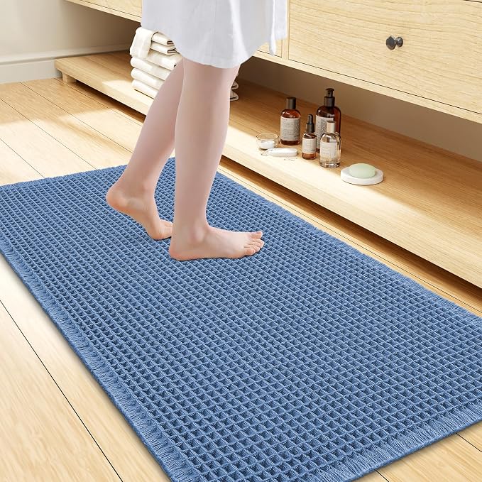 Smiry Waffle Bath Mat 47x24, Extra Soft Absorbent Bathroom Rugs, Non Slip Machine Washable Quick Dry Bath Rugs for Bathroom Floor, Tub, Shower, Home Decor Accessories, Blue