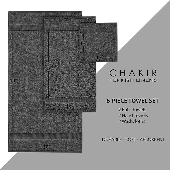Chakir Turkish Linens |Hotel & Spa Quality 100% Cotton Premium Turkish Towels | Soft & Absorbent (Dark Gray, 6-Piece Towel Sets)