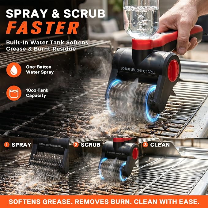 Electric Grill Brush, 100W High Power Cordless BBQ Cleaner with 300ml Water Spray Tank, IPX8 Waterproof Automatic Scrubber for Gas Charcoal Grills, 2-Speed Rechargeable Power Brush with Scraper