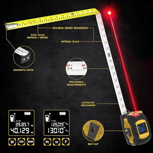 LEXIVON 2 in 1 Digital Laser Tape Measure | 130ft/40m Laser Distance Meter Display On Backlit LCD Screen with 16ft/5m AutoLock Measuring Tape | Ft/Inch/Fractions/M/mm(LX-201)