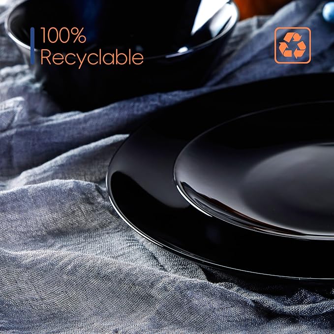 Dinnerware Sets for 6, 18 Piece Black Opal Glass Dish Set | Plates and bowls with dishwasher and microwave safe features, chip and scratch resistant dishware for family meals