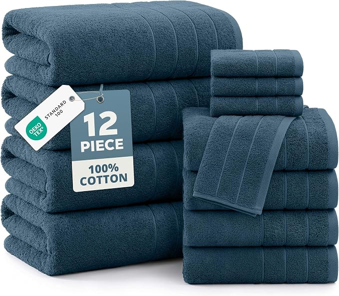 Casa Platino Bath Towel Set Absorbent Quick Dry 100% Cotton - Steel Blue | Pack Of Towels - OEKO-TEX Certified, Ring-Spun Durability, Ring-Spun Cotton, Terry Weave Comfort, Long-Lasting Comfort