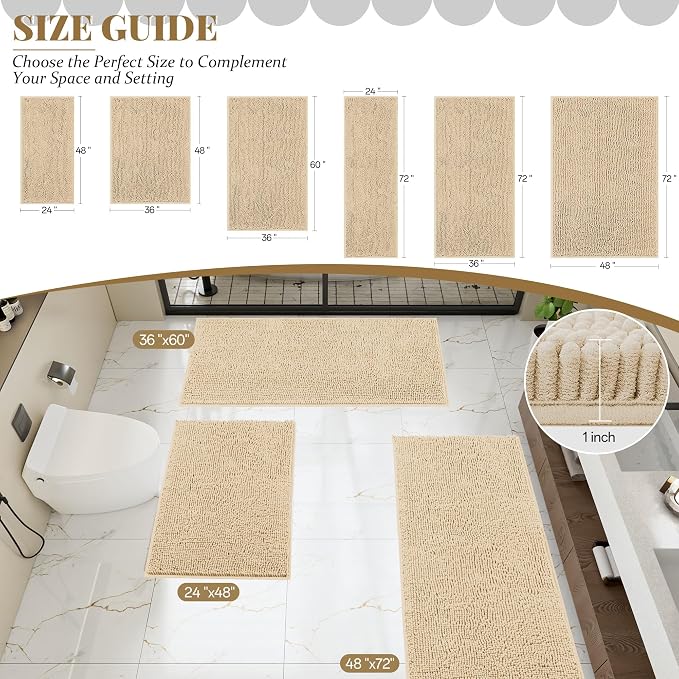 Bathroom Rugs Mat 72 x 24, Thick Soft Absorbent Chenille Bath Rugs, Rubber Backing Bath Mats for Bathroom Floor, Tub, Shower, Bedroom, Home Decor Accessories, Quick Dry Machine Washable, Beige