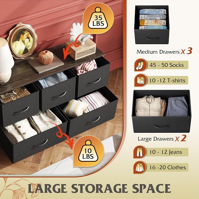 WLIVE Wide Dresser for Bedroom, 5 Drawer Chest of Drawers, Charcoal Black | 5 roomy fabric drawers, Wide storage design, Bedroom or closet use, Sturdy steel frame, Smooth wood tabletop