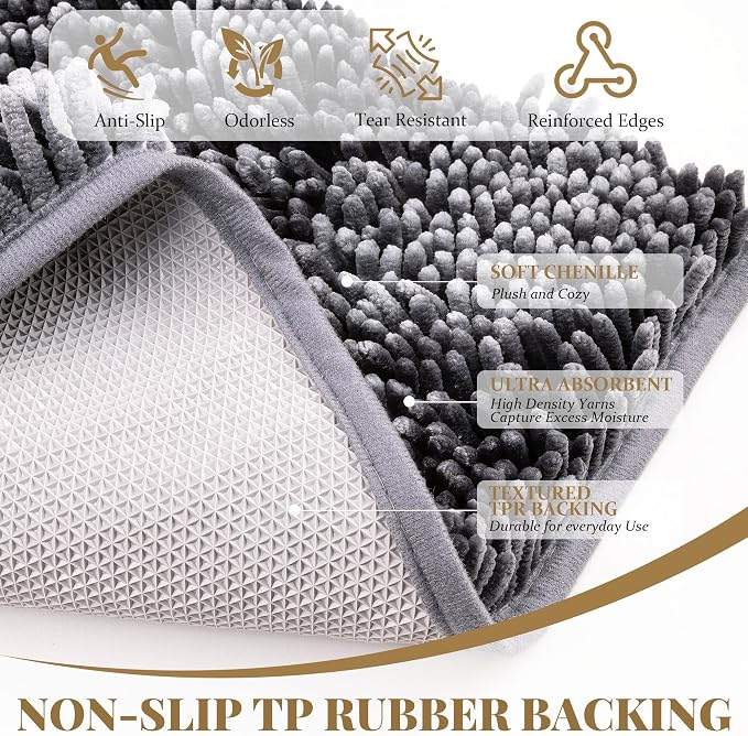 Bathroom Rugs Mat 60 x 36, Soft Absorbent Chenille Bath Rugs, Rubber Backing Bath Mats for Bathroom Floor, Tub, Shower, Bedroom, Home Decor Accessories, Quick Dry Machine Washable, Dark Grey