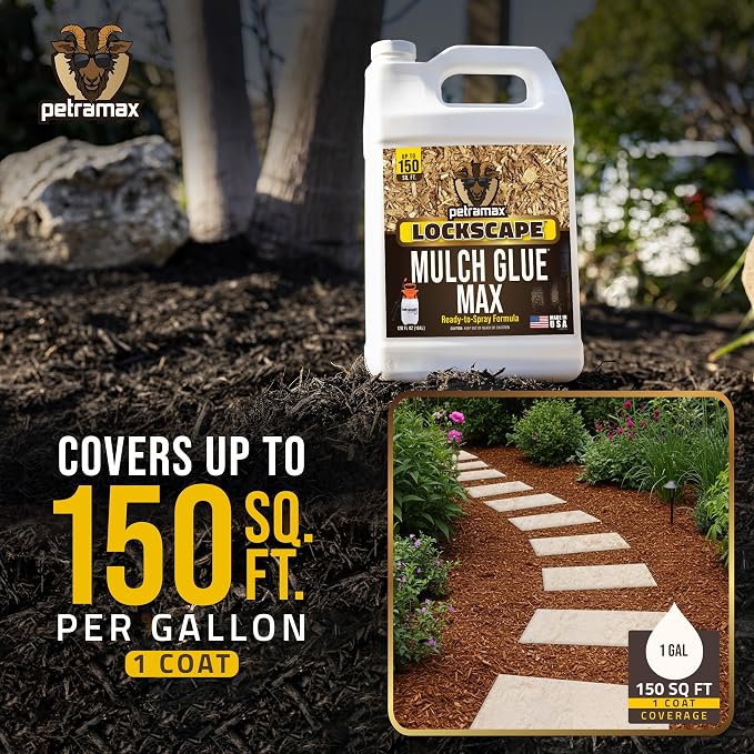 PetraMax Lockscape Mulch Glue for Landscaping, (Made in USA) - Pet-Safe Landscape Adhesive for Pine Straw, Wood Chips - Ready to Spray Mulch Anchor & Landscape Glue Spray for Lawns & Patios (2 Gallon)