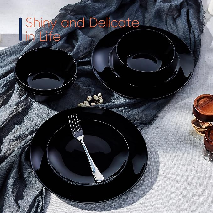 Dinnerware Sets for 4, 12 Piece Black Opal Glass Dish Set | Plates and bowls with dishwasher and microwave safe features, chip and scratch resistant dishware for everyday use