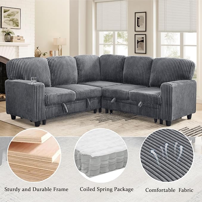 L-Shaped Sectional Sleeper Sofa with Pull Out Bed, Dark Grey | Plush Corduroy Modular Couch with Storage, USB Charging, Cup Holders – Cozy Cloud Couches for Living Room, Easy Assembly