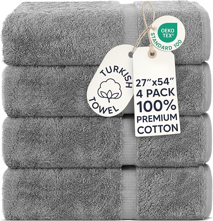 Chakir Turkish Linens 4 Piece Bath Towel Set, 100% Cotton Luxury Turkish Towels for Bathroom, Soft Absorbent Bath Towels, 27 x 54 Inches, Gray