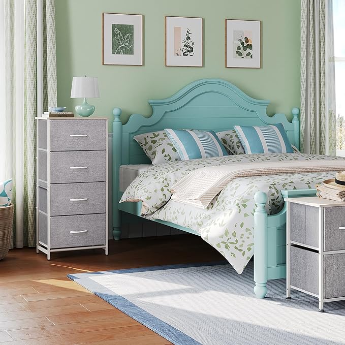 WLIVE Small Dresser Nightstand for Bedroom, 4 Drawers, Light Grey | 4 vertical fabric drawers, Space-saving tower, Bedroom or closet use, Chest of drawers, Dresser for small spaces