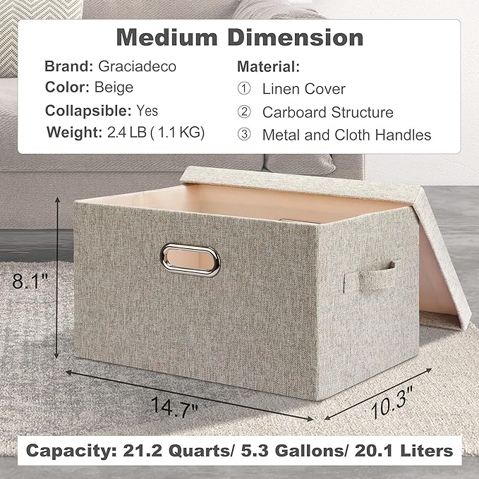 Graciadeco Medium 15" 21 Quart Collapsible Stackable Storage Bins with Lids, 1 Pack Beige Foldable Fabric Closet Storage Boxes with Lids, Heavy-duty Linen Baskets for Bedroom