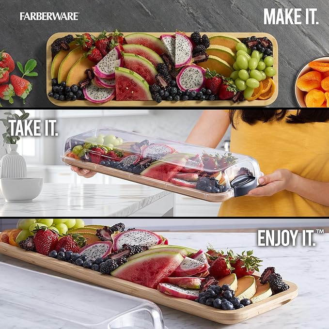 FARBERWARE Rectangular Build-a-Board Cutting Board with Single Compartment and Clear Locking Lid for Charcuterie, Snacks, and More, Bamboo