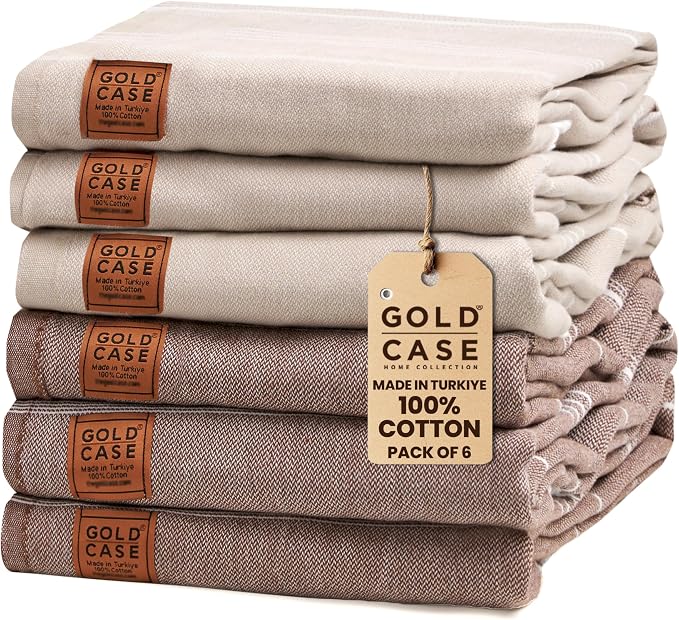 Gold CASE LYCIA Turkish Beach Towel Set of 6 – 100% Cotton Turkish Beach Towels Bulk 70 x 38'' – LYCIA Oversized, Quick Dry & Sand Free Beach Towel – Lightweight Towels Set in Mocha Mousse