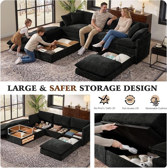 Ihanherry Oversized Sectional Sofa Bed with Storage, 103" 6-Seater Modular Cloud Couch with Movable Ottomans, Chenille Deep Seat Sleeper Couches for Living Room (Black)