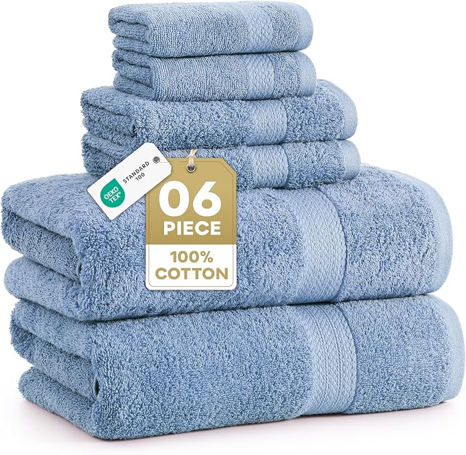LANE LINEN 100% Cotton Bath Towels 6 Piece Set - Super Soft, Quick Dry & Absorbent - 2 Bath, 2 Washcloths, 2 Hand Towels for Bathroom - Hotel Quality, Minimal Lint after 3 Washes - Cerulean Blue