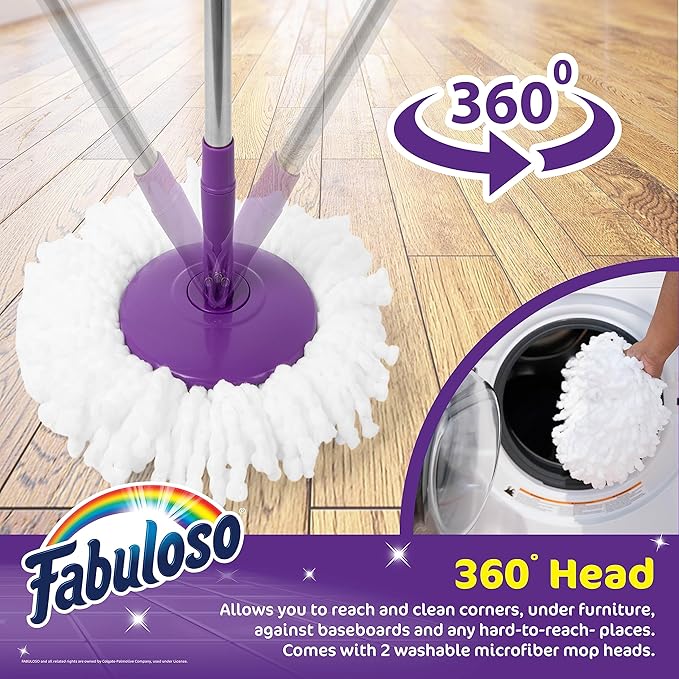 Fabuloso Spin Mop and Bucket Set, Hands-Free Pedal-Activated Spin Wringer, Adjustable Pole, Machine Washable and Replaceable Microfiber Mop Head, Works on All Hard Floor Surfaces