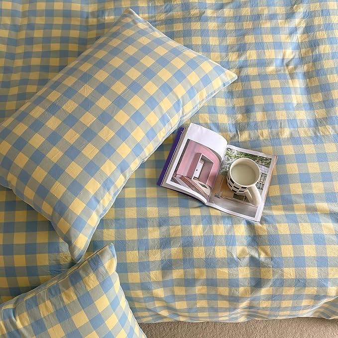 mixinni Plaid Duvet Cover Set Twin Yellow - Soft Washed Cotton Modern Geometric Bedding Set with 2 Pillowcases, Blue Green Gingham Grid Twin Duvet Cover for Men & Women, Soft & Lightweight