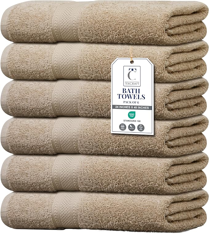 Medium Size Bath Towels Set of 6 – 100% Cotton Terry – 24" x 48" – Quick Dry, Soft & Highly Absorbent – Beige Towels for Bathroom, Gym, Spa, Pool & Daily Use