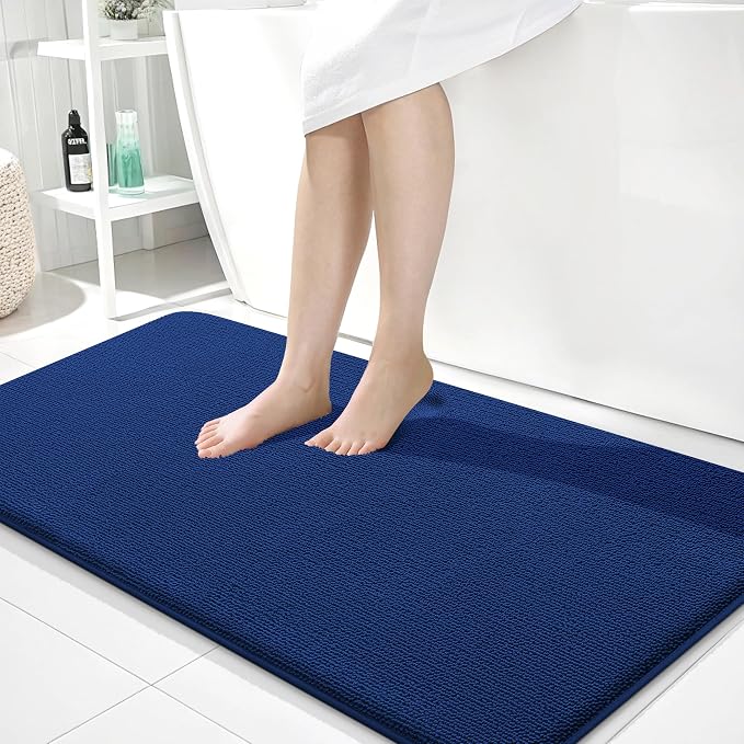 OLANLY Thick Memory Foam Large Bathroom Rug 45x27, Absorbent Bath Mat, Navy | Soft Quick Dry Bath Mat Rugs, Non-Slip, Machine Washable Mat for Bathroom Floor, Tub and Shower, Home Decor Accessories