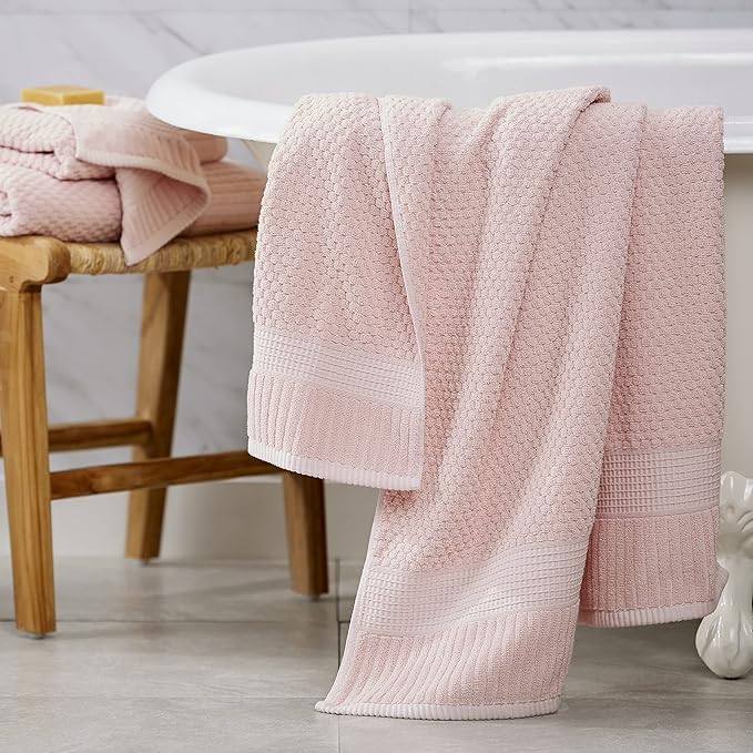 NY Loft 100% Cotton Bath Towel 4 Pack | Super Soft & Absorbent Quick-Dry Bath Towels 30" x 52" |Textured and Durable Cotton | Trinity Collection (4 Pack Bath Towel, Light Pink)