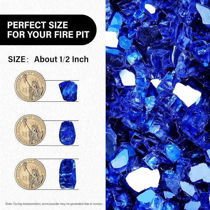 NUPICK 5 Pound Fire Glass, 1/2 Inch Reflective Fire Pit Glass | Tempered Fire Pit Rocks for Propane or Natural Gas, Glass Rocks for Fire Pit Table, Fireplace, Fire Bowl, Landscaping, Blue