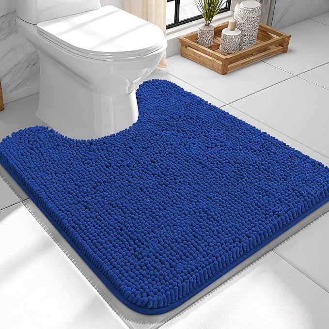 OLANLY Toilet Rugs U-Shaped 24x24, Extra Soft Absorbent Chenille Contour Bathroom Rugs for Toilet, Dry Quickly, Machine Washable, Non-Slip Bath Mat, Royal Blue