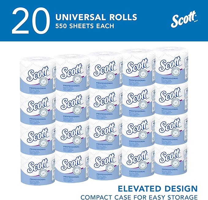 Scott Professional Standard Roll Toilet Paper, Bulk (13607), 2-Ply, Elevated Design, White, Individually Wrapped, Compact for Easy Storage (20 Rolls of 550 Sheets, 11,000 Sheet Total)