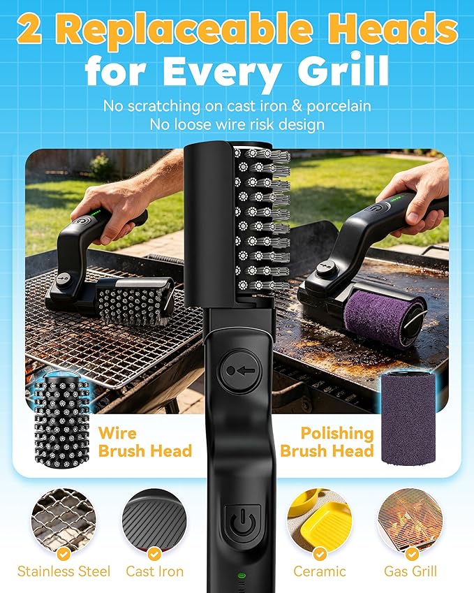 Electric Grill Brush,Removes Burnt Grease in 5 Minutes,Cordless BBQ Grill Cleaner with 3-Speed High Torque Motor,Rotatable Brush Head,150 Min Runtime,Waterproof,for All Materials(1, Grill Brush)