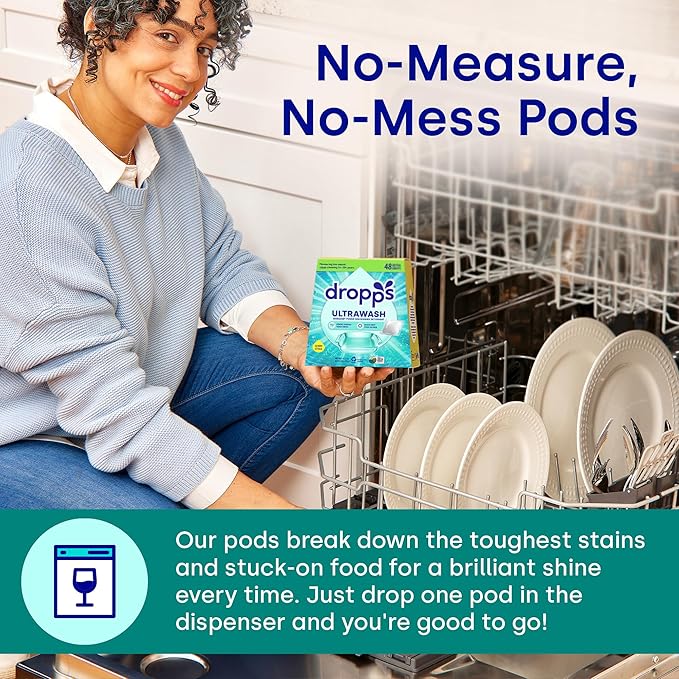 Dropps UltraWash Dishwasher Detergent Pods, Unscented (120 Ct) - Free & Clear | Cuts Grease & Stuck-On Food | Sparkling Dishes & Glasses | Residue-Free | Clean Ingredients | Plastic Free Packaging