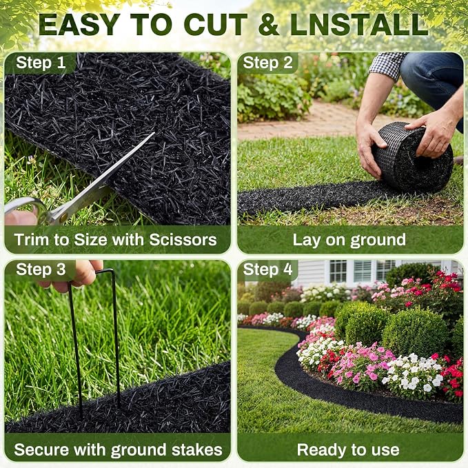 Nuanchu 5.5 in x 20 ft Recycled Rubber Walkway, Black Rubber Mulch Mat Roll | Rubber Mulch Mat Roll for Landscaping Outdoor, Imitation Grass Design for Garden Pathway, Barrier & Edging Border
