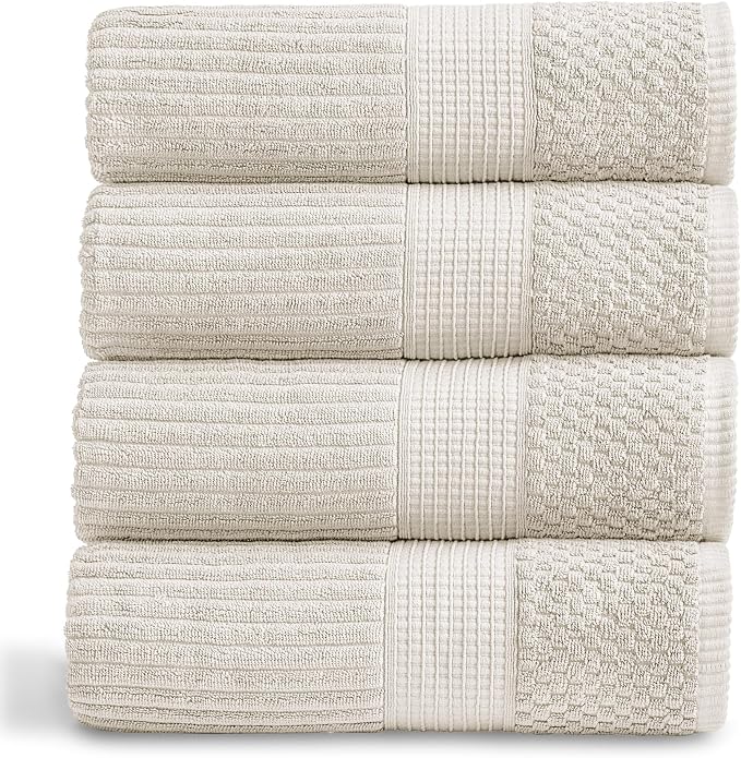 Springtree Home 100% Cotton Bath Towel Set | 4-Pack | Textured | Beige | Absorbent & Quick-Dry Bathroom Towels | Textured and Durable Cotton Towels for Bathroom | OEKO-TEX | Krista Collection
