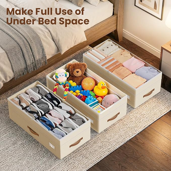 80L 2 Pack Adjustable Under Bed Storage with Wheels, Beige | Underbed containers with clear lids, rolling underbed shoe storage organizer for dorm clothes, blankets, easy to install