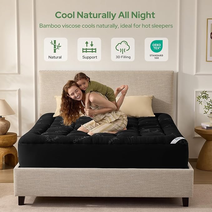 BEDLORE California King Mattress Topper Viscose Derived from Bamboo, Thick Pillow Top Mattress Pad with Stretchable Pockets for 6"-18" Mattress, Soft Mattress Topper for Back Pain Relief(Black)