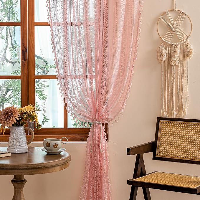 Sutuo Home Boho Sheer Curtains 96 inches Long for Living Room Dining Room, Lace Curtains Farmhouse Crochet Vintage Chic Princess Drapes Tassels Valentine's Decor Rod Pocket, 2 Panels 50" W,Light Pink