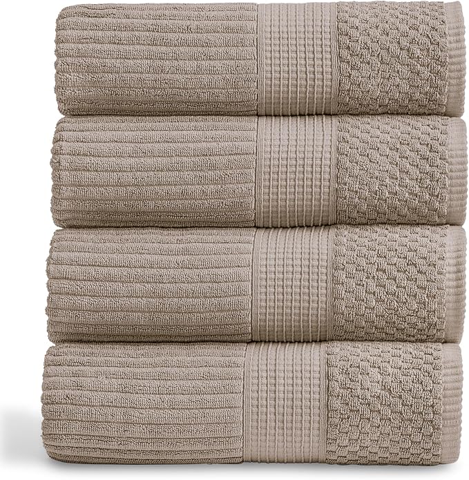 Springtree Home 100% Cotton Bath Towel Set | 4-Pack | Textured | Brown | Absorbent & Quick-Dry Bathroom Towels | Textured and Durable Cotton Towels for Bathroom | OEKO-TEX | Krista Collection