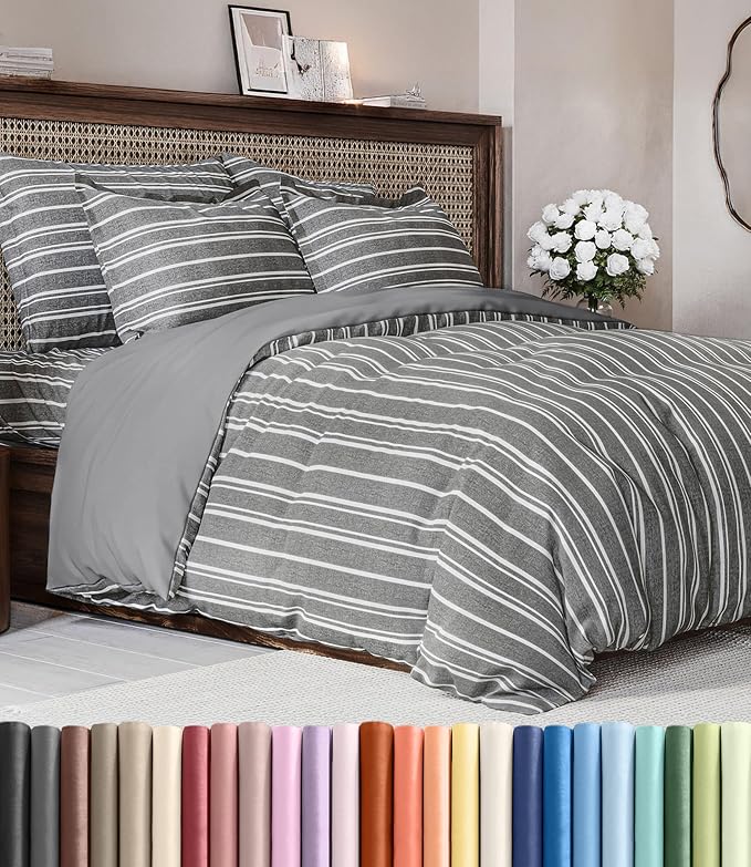 Duvet Cover Full Size Set - Extra Soft Full Duvet Cover 80" x 90" with 2 Pillow Shams for Women, Men, Kids & Teens - Hotel Luxury w/ Zipper Closures & Ties - Comfy, Cozy & Breathable (Grey Stripes)