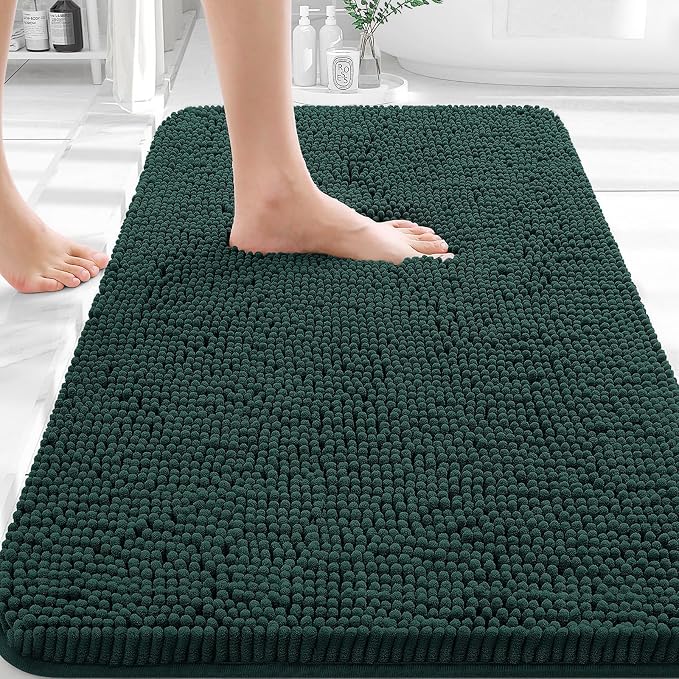 OLANLY Bathroom Rugs 30x18, Extra Soft Absorbent Chenille Bath Rugs, Rubber Backing Quick Dry, Machine Washable Bath Mats for Bathroom Floor, Tub and Shower, Home Decor Accessories, Blackish Green