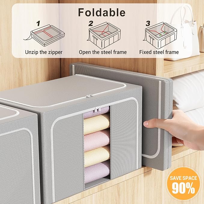 Clothes Storage Bins with Metal Frame Foldable Storage Box Clothes Organizers Storage Containers for Clothes Sheets Blankets Books Toys Gifts and Holiday Decorations (100Lx3 Pack)