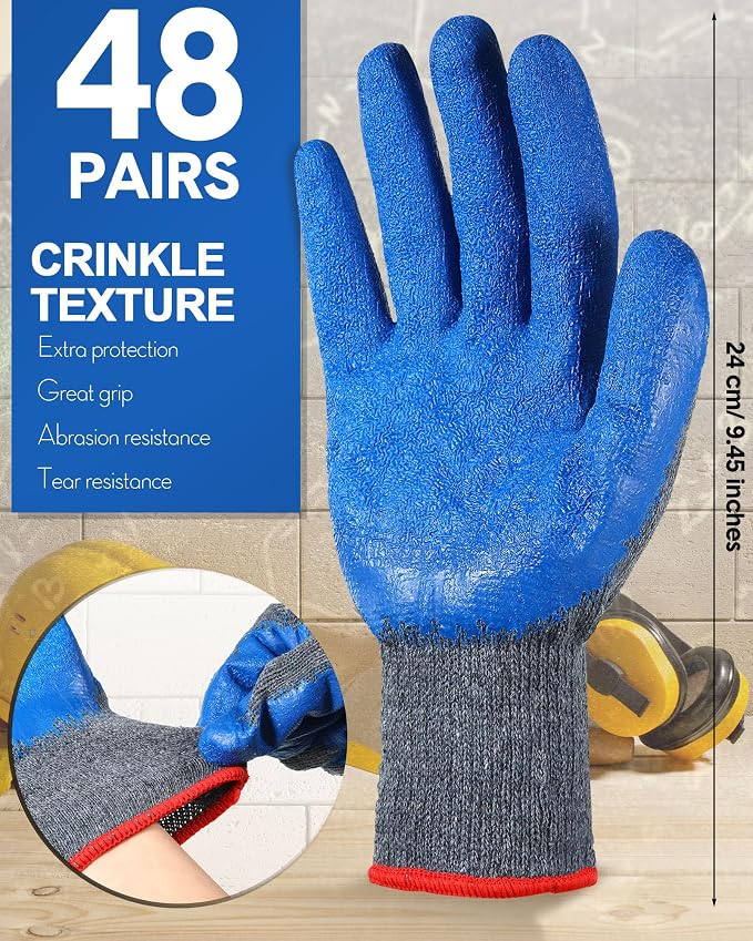 Haysandy 48 Pairs Large Rubber Latex Double Coated Gloves Blue Latex Rubber Hand Coated Safety Work Gloves for Construction Gardening for Men