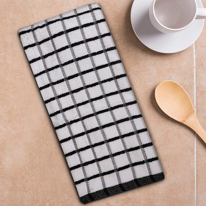 Urban Villa Kitchen Towels Black/White Set of 3 Terry Kitchen Towels 100% Cotton Ultra Soft Size 20X30 Inches Highly Absorbent Over Sized KitchenTowels with Hanging Loop KitchenTowels